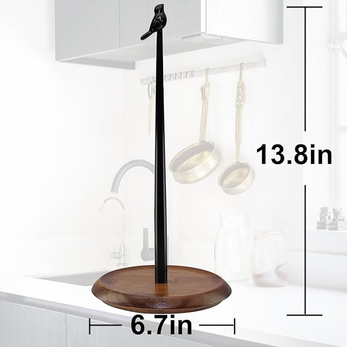 Paper Towel Holder for Countertop, Bird Shaped Farmhouse Kitchen Paper Roll Stand with Solid Wood Base & Iron Rod, Vintage Black Finish & Non-Slip Pad, Stable Holder for Kitchen Decor& Dining Table