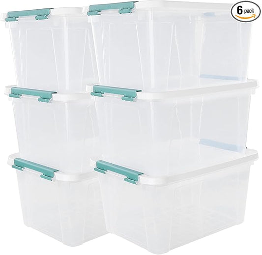 20 Quart Stackable Plastic Storage Bins with Lids, 6 Pack Durable Nestable Containers, Clear Latching Storage Box