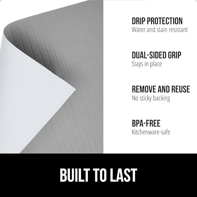 GORILLA GRIP DripGuard Shelf Liner, Non Adhesive Drawer and Kitchen Cabinet Protector, Slip Resistant BPA Free Smooth Surface Plastic Liners for Cabinets, Bathrooms, Closets, 17.5x120 Inch, Gray