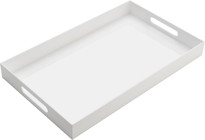 KEVJES Glossy White Acrylic Serving Tray with Handles-Butler Trays for Coffee Table, Snacks,Breakfast in Bed, Kitchen Countertop,Vanity,Makeup Organizer,Ottoman (White, 12x20 Inches)
