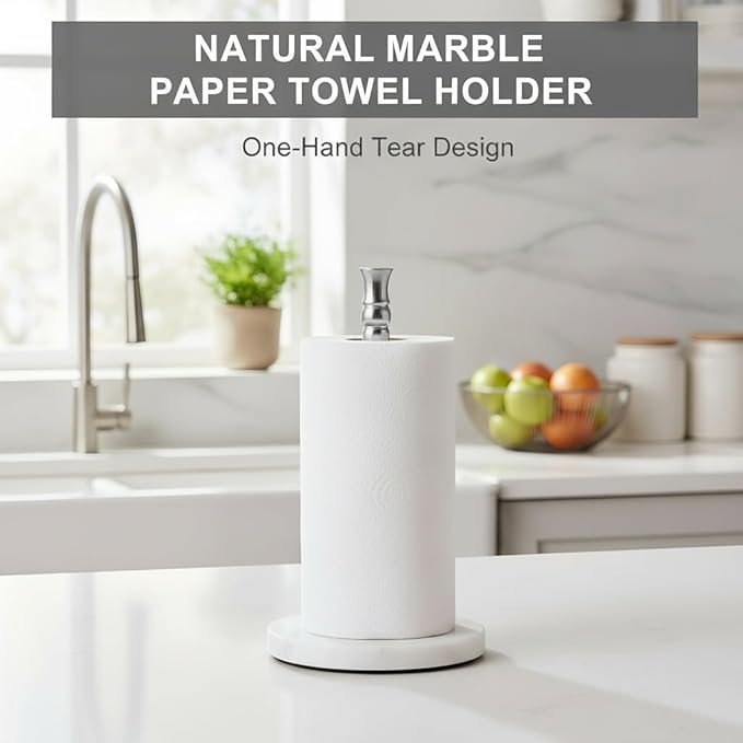 Siwil Paper Towel Holder Stand, One-Handed Ripping Paper Towel Roll Holder Countertop, Heavy Marble Base, NOT Tip Over - (Marble, Brushed Nickel)