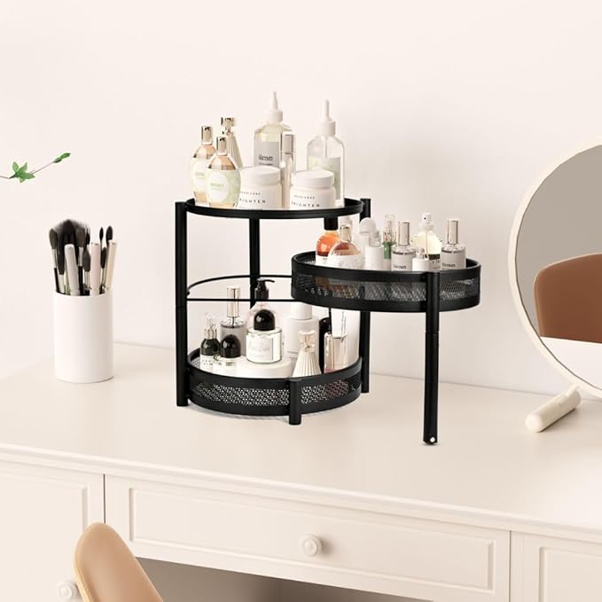 IBERG 3 Tier Spice Rack with Rotating Middle Tier, Mesh Steel Countertop Organizer for Kitchen, Coffee Bar & Bathroom (Black)