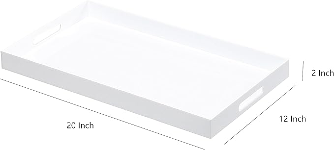 BEYLANG Glossy White Sturdy Acrylic Serving Tray with Handles-12x20Inch-Serving Coffee,Appetizer,Breakfast,Butler-Kitchen Countertop Tray-Makeup Drawer Organizer-Vanity Table,Ottoman Tray-Decorative