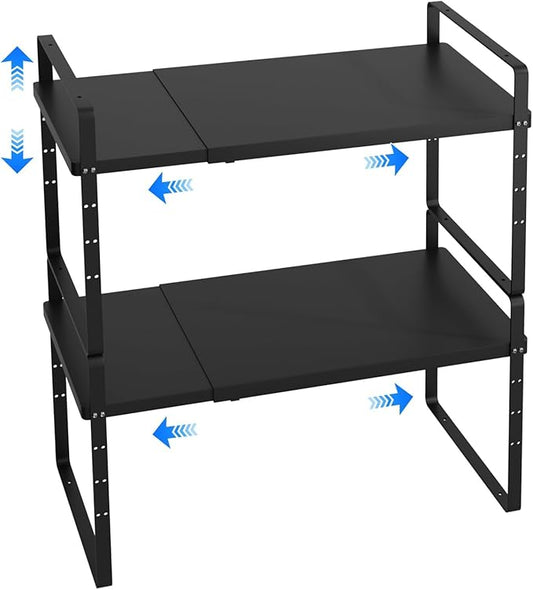 KIKIBRO Expandable Cabinet Shelf Organizer, Stackable Kitchen Pantry Counter Storage, Adjustable Closet Cupboard Stand Rack Risers Spice Organization 80LBS Heavy Duty Black 2 Pack