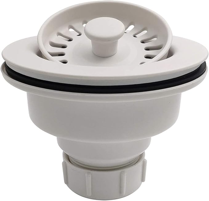 White Polymer Drain Kitchen Sink Drain Assembly with Removable Basket Strainer and Rubber Stopper for 3.5-Inch Drain Openings, Matching Color of Quartz, Granite Sinks
