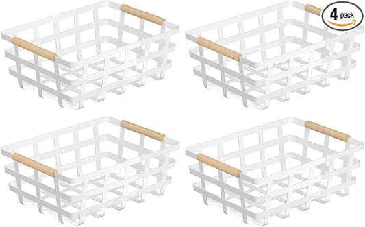 Large Metal Pantry Storage Baskets,4 Packs Farmhouse Baskets,Food Organizer Storage Bin Basket with Wood Handles for Kitchen Cabinets Shelf Pantry,White