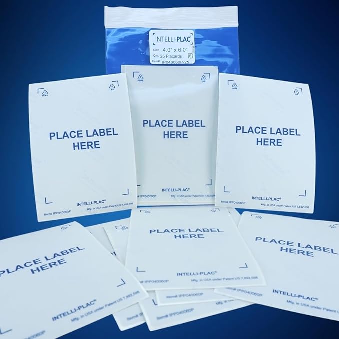 INTELLI-PLAC Label Holder for Containers, Totes, Bins (25, 4X6 Portrait) Permanent Label Holder Makes It Easy to Apply-Remove-Replace Your Labels. Prevent Sticky Residue & Messy Overlapping of Labels