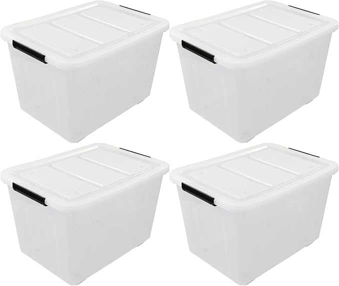 4-Pack 70 L Large Clear Storage Boxes, Plastic Latching Boxes with Wheeles