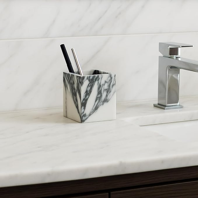 Marble Toothbrush Holder – 4.1" Genuine Stone Bathroom Cup for Makeup Brushes, Pens & Utensils | Natural Marble Organizer for Vanity, Countertop & Home Décor (Arabescato White & Grey)