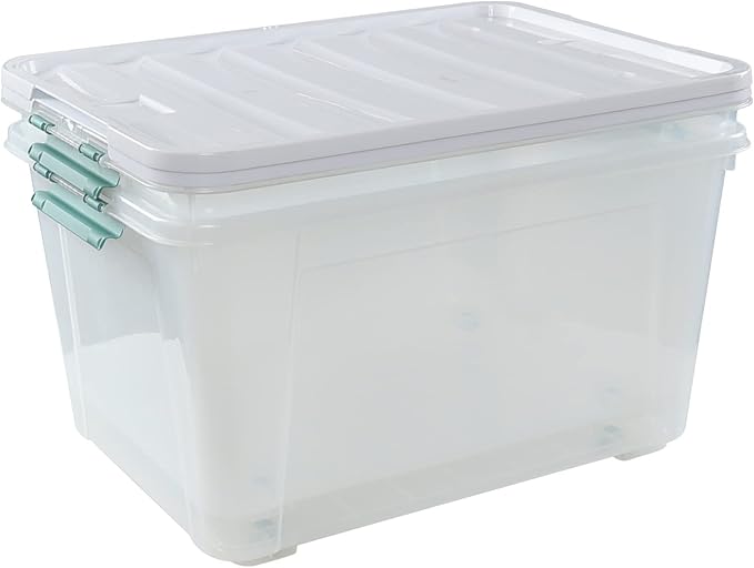 Gloreen Large Organizing Bin with Wheel, 4 Packs, 85 Quart Plastic Lidded Storage Box