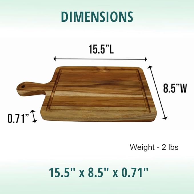 EcoDecors 15.5"x8.5" Teak Cutting Board with Handle, FSC Certified Edge Grain Wood, Small Kitchen Prep Board for Cheese & Charcuterie