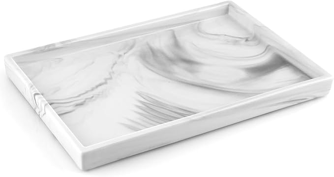 Sanbege 12" Large Ceramic Vanity Tray, Rectangle Perfume Plate Organizer, Jewelry Holder Dish, Non Slip Decorative Tray for Bathroom, Bedroom, Kitchen, Coffee Table (Marble Grey)