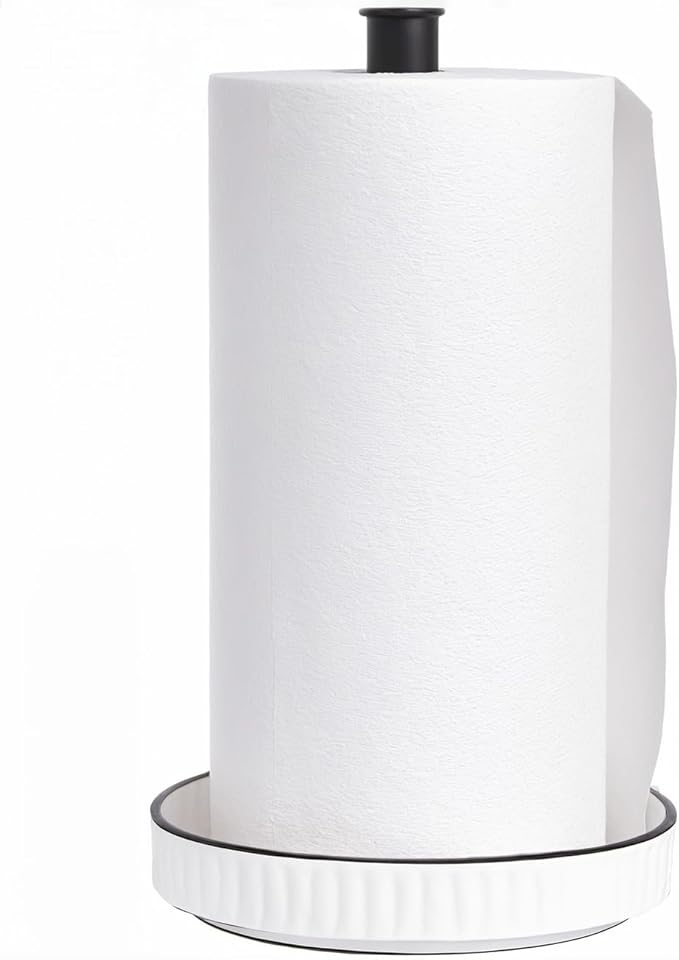 VROOMIUM Black Paper Towel Holder Countertop, Ceramic Base Easy-to-Clean, 1.5 lbs, 7" B x 12.5" H, Stable Elegant and Durable Kitchen Roll Stand
