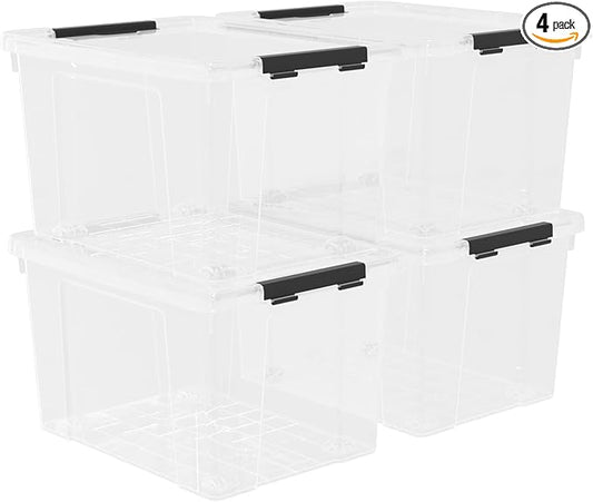 Sandmovie 4 Packs 50 Quart Large Plastic Clear Storage Box with Wheels, Clear Totes for Storage with Lids