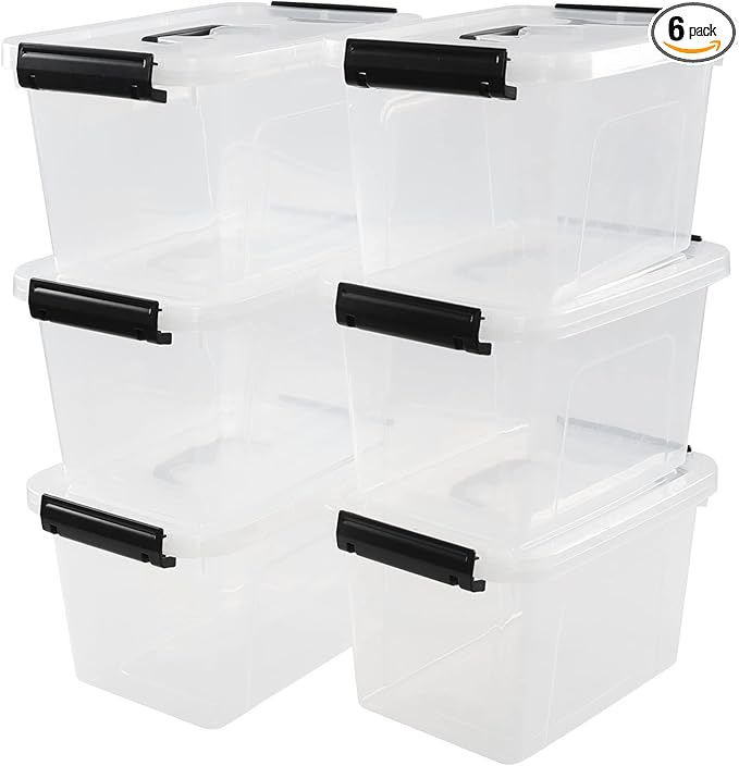 6 Quart Clear Plastic latching Storage Boxes with Lids and Handles, 6 Packs