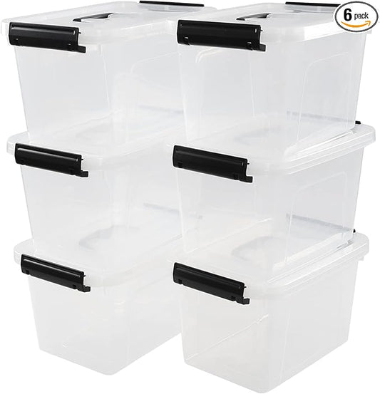 6 Quart Clear Plastic latching Storage Boxes with Lids and Handles, 6 Packs