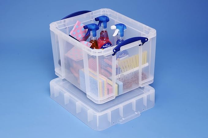 Really Useful Box 35 Liter Plastic Stackable Storage Container with XL Snap Lid & Built-In Clip Lock Handles for Home or Office Organization, Clear