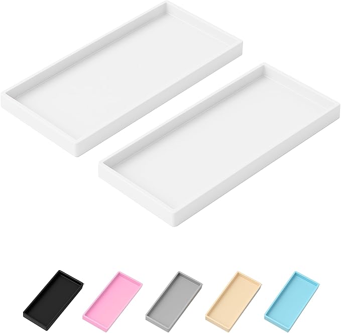 Mriluvy Vanity and Bathroom Tray, 7.7" ABS Countertop Organizer,Waterproof Vanity Tray for Toilet Tank,Perfume,Soap,Keys,Bathroom Accessories,Kitchen and Bath Trays,Non Slip Small Trays,White,2 Pack