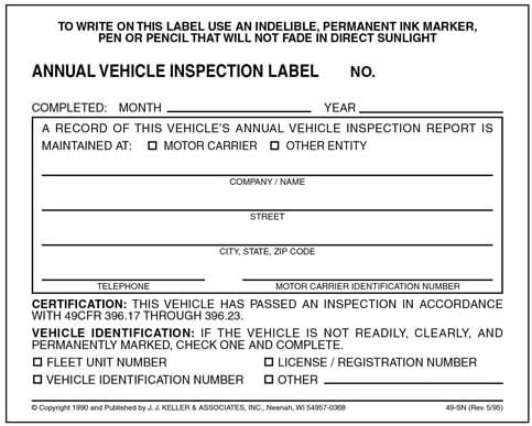 30-Pack, Annual Vehicle Inspection Label, 2-Ply Adhesive Vinyl, Prenumbered, DOT Compliant, J. J. Keller & Associates, Inc.