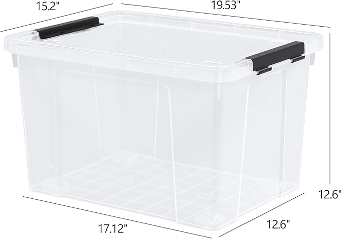 50 Quart Clear Latching Storage Box Bins, 4 Packs, Large Plastic Storage Boxes with Wheels
