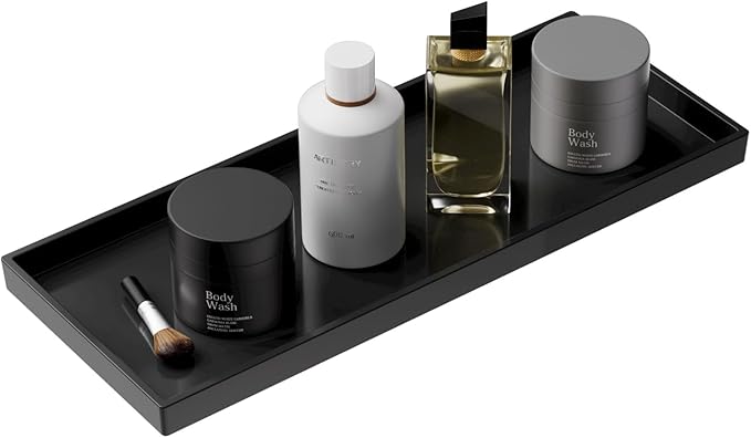 Mriluvy Vanity and Bathroom Tray, 15" ABS Countertop Organizer,Waterproof Vanity Tray for Toilet Tank,Perfume,Soap,Keys,Bathroom Accessories,Kitchen and Bath Trays,Non Slip Small Trays,Black
