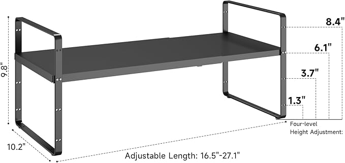 taiheis 16.5~27.1" Expandable Shelf Organizer, 2Pack 10.2" Wide Stackable Cabinet Shelf Organizers, Black Metal Sturdy Kitchen Counter Storage for Countertop, Adjustable Height Spice Rack