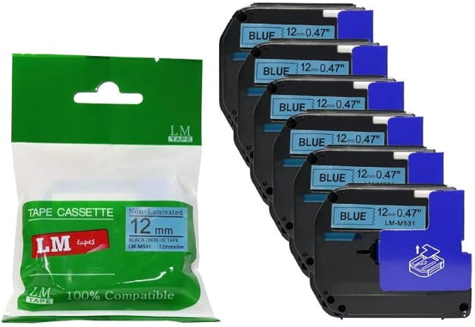 6/Pack LM Tapes - Premium Compatible 1/2" (12mm) Black on Blue M Series P-Touch Tape, Replaces M531