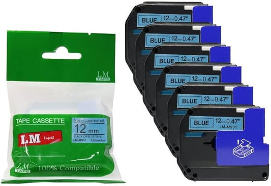 6/Pack LM Tapes - Premium Compatible 1/2" (12mm) Black on Blue M Series P-Touch Tape, Replaces M531