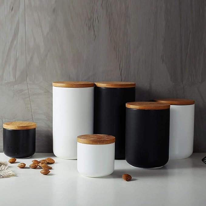 MilkyWay Food Storage Jar Strong Ceramic Storage Canisters with Airtight Seal Bamboo Lid Modern Design Seal Damp-Proof Kitchen Jar for Coffee, Tea, Spice and More (Black(S: 8.7oz/260ml))