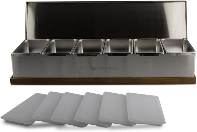Pinnacolo 6 Slot Condiment Carrier, Stainless Steel Holders, Silicone Lids, and Gel Packs - Portable and Versatile for Outdoor BBQs and Parties