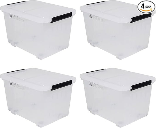 4 Packs 30 Liter Clear Large Storage Boxes Container with Lids and Wheels
