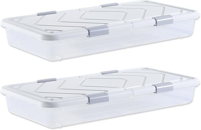 VEVOR Under Bed Storage with Wheels, 39.8 x 20.1 x 5.9 inch Underbed Containers, Underbed Shoes Organizer with Lid & Gray Latch, Rolling Under the Bed Storage Bins for Clothes Shoes Blankets, 2 Pack