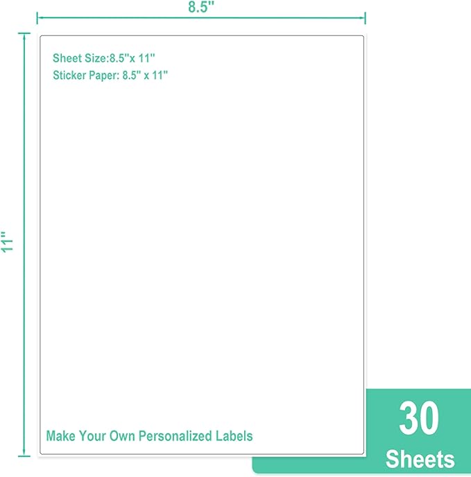 L LIKED 30 Printable White Sticker Paper Full Sheet Label, Matte, 8.5" x 11" for Laser & Inkjet Printing (30 Sheets)