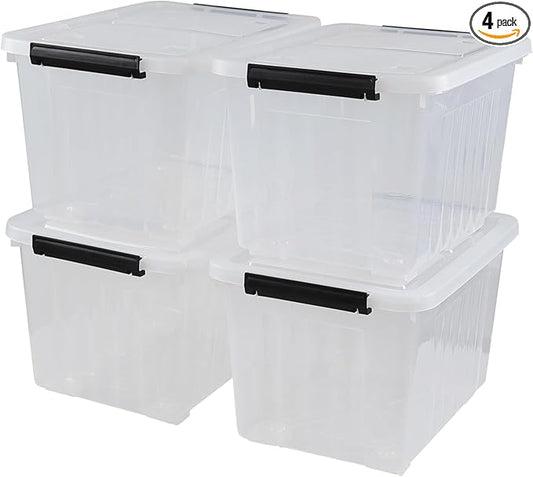 Wekioger Set of 4 Plastic Storage Box on Wheels, 32 Quart Latch Storage Container Bin, Clear