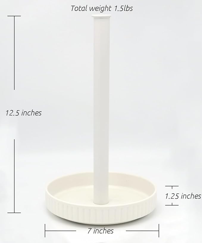 VROOMIUM Paper Towel Holder Countertop, Ceramic Base Easy-to-Clean, 1.5 lbs, 7" B x 12.5" H, Stable Elegant and Durable Kitchen Roll Stand, Chic White