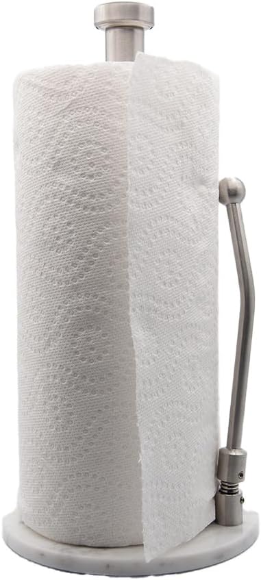 Paper Towel Holder with Marble Base – Heavy Weighted Countertop Holder, Stainless Steel Stand with Natural Stone Base, Modern Kitchen Paper Towel Dispenser