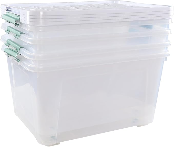 4 Packs 85 Quarts Large Clear Storage Boxes with Wheels, Plastic Latching Bins Totes Set