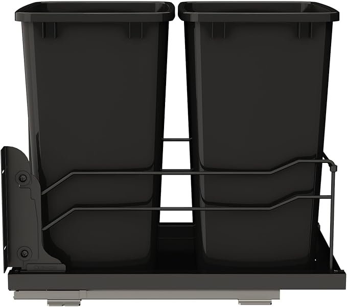 Rev-A-Shelf 35 Qt Double Pullout Under Cabinet Kitchen Trash Cans w/Soft-Close, for 18” Base Cabinets, Black, 53WC-1835SCDM-218 - Container Bins for Waste Management