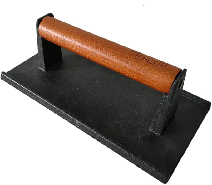 Firsgrill 8.3"×4.3" Heavy-duty Cast Iron Grill Burger Press and Meat Steak with Wood Handle for Blackstone Camp Chef Pitboss Weber Griddle Grills (Rectangle)