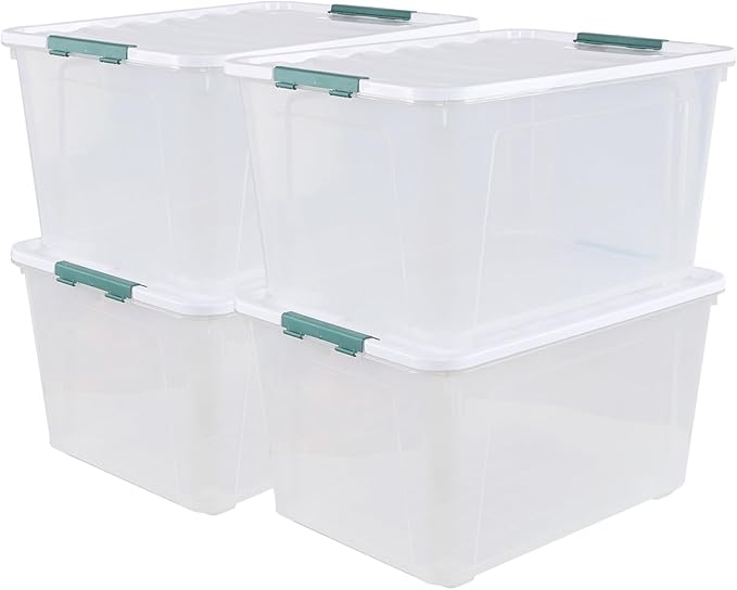 85 Quart Plastic Storage Bin with Wheels, Extra Large Clear Latching Container Box, 4 Pack