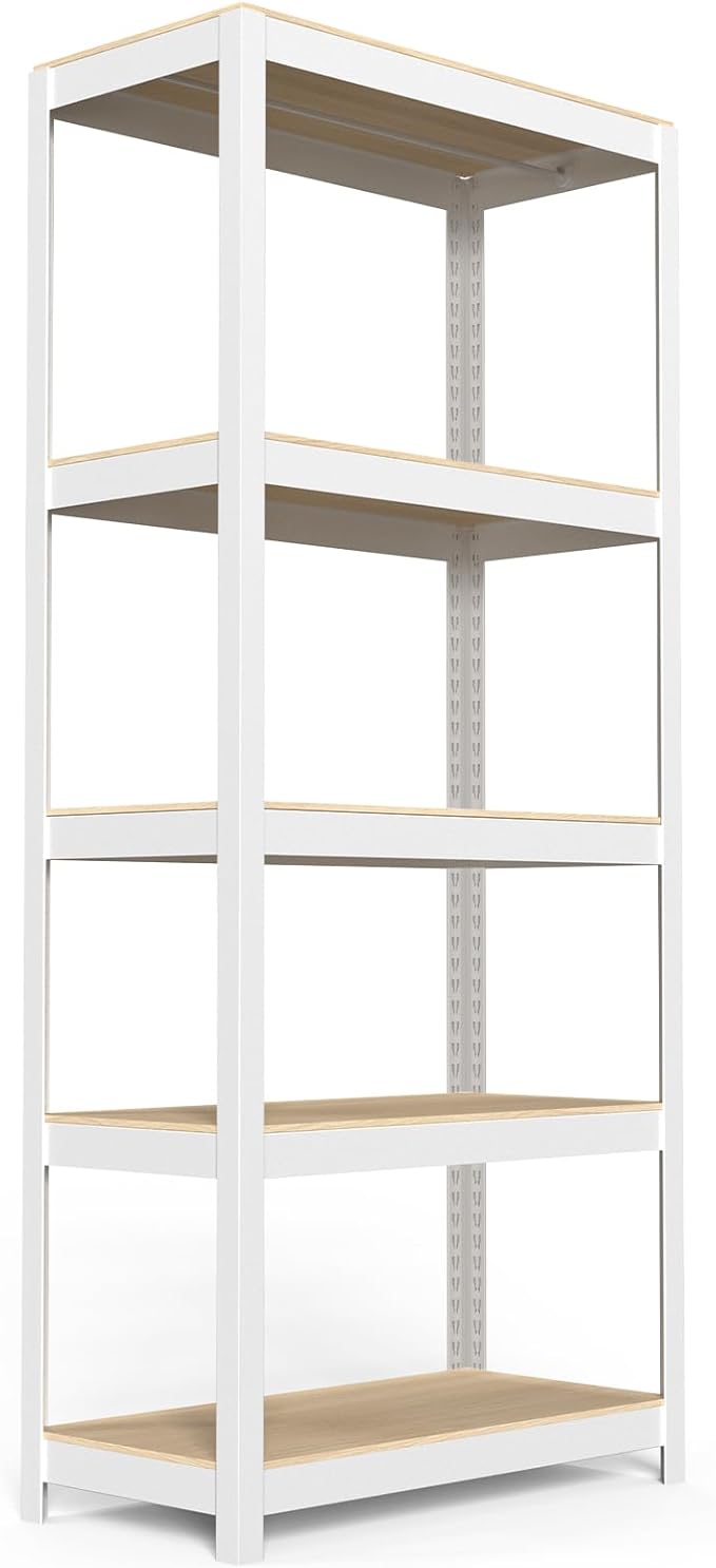 5 Tier Metal Shelves Unit, Adjustable Pantry Organizers and Storage Shelves, Shelving Unit for Closet with Clothes Rod, Storage Rack for Pantry, Laundry, Kitchen - White& Wood Color