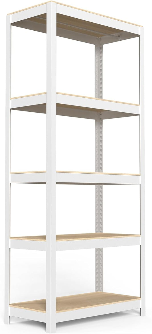 5 Tier Metal Shelves Unit, Adjustable Pantry Organizers and Storage Shelves, Shelving Unit for Closet with Clothes Rod, Storage Rack for Pantry, Laundry, Kitchen - White& Wood Color