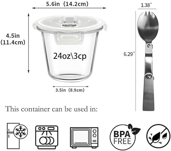 3-Cup Round Glass Meal Prep Containers with Lids,24oz Glass Food Storage Containers with Spoons, Heat-Resistant BPA-Free for Soup, Leftover, Oven, Dishwasher, Fridge, Freezer Safe (2 Pack)