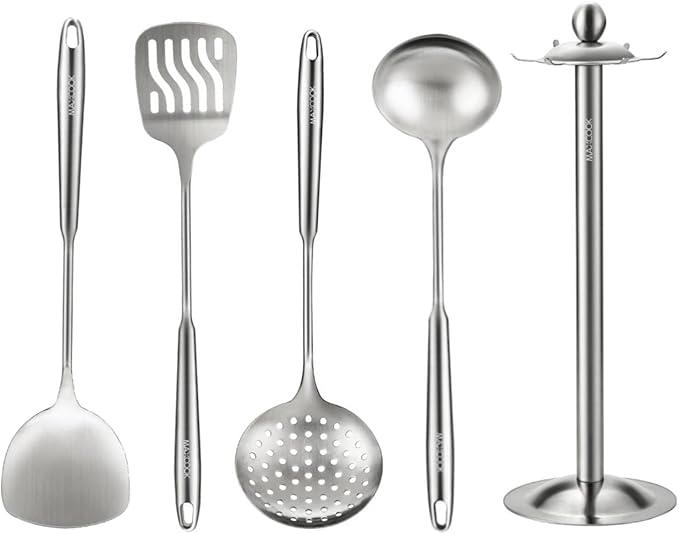 MAXCOOK 5 Pieces Cooking Utensils set, 18/8 Stainless Steel Kitchen Utensil Set with Rotating Holder (Dishwasher Safe)