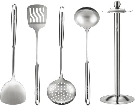 MAXCOOK 5 Pieces Cooking Utensils set, 18/8 Stainless Steel Kitchen Utensil Set with Rotating Holder (Dishwasher Safe)