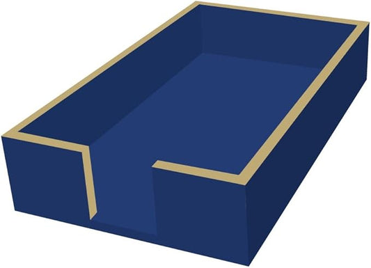 Paperproducts Design Disposable Guest Towel Holder - Lacquered Wood Paper Napkin Caddy for Table, Resturant, Kitchen, Bathroom, Gift - Dark Blue with Gold Trim Design