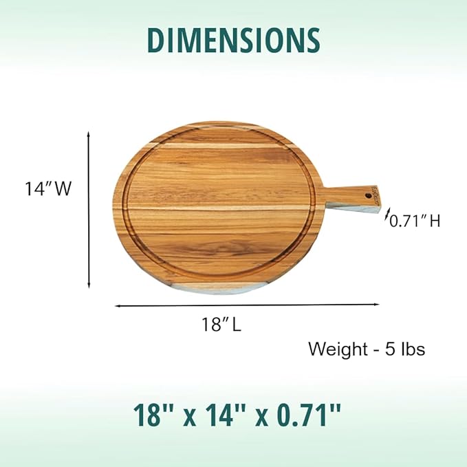 EcoDecors 18" Round Teak Cutting Board with Handle, FSC Certified Solid Wood, Edge Grain with Juice Groove, Carving Board for Kitchen & Brisket