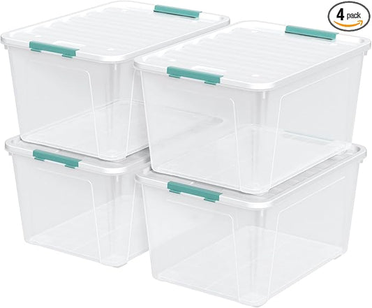 85 Quart (21 Gallon) Clear Large Plastic Storage Latch Box with Lid, Plastic Storage Bins with Wheels, 4-Pack
