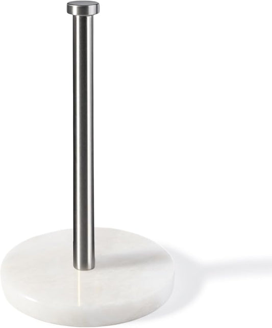 Koville African Genuine Marble Paper Towel Holder Countertop, 6" Stone Base Silver Rod Paper Towel Holder Stand for Kitchen Storage, for Standard or Jumbo-Sized Rolls