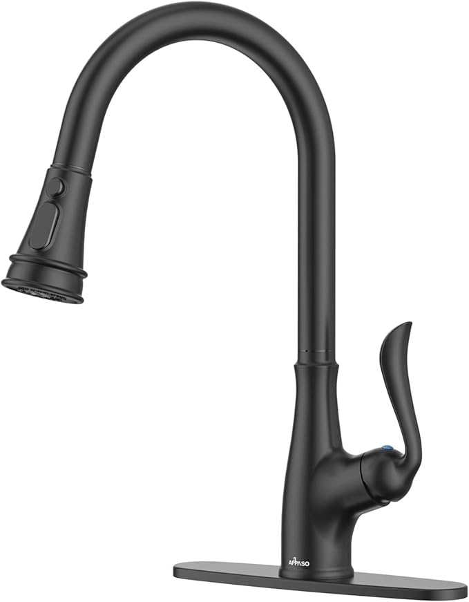 APPASO Matte Black Kitchen Faucet with Pull Down Sprayer, High Arc Single Handle Faucet for Kitchen Sink with 3 Modes Spray Head, cUPC-Certified Pull-Out Hose, Water Supply Tubing & Valve